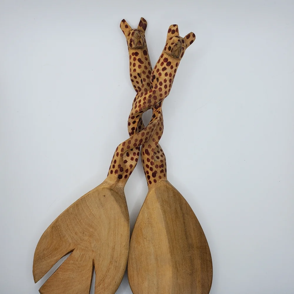 Hand Carved Wood Salad Servers Spoon And Fork Set Cheetah Hand Painted